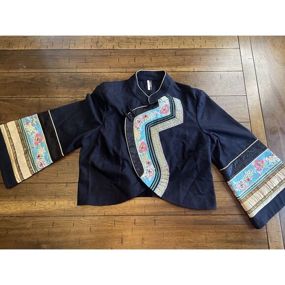 Top Shop Cropped Jacket Embroidered Navy‎ Blue size 12 - Picture 2 of 10